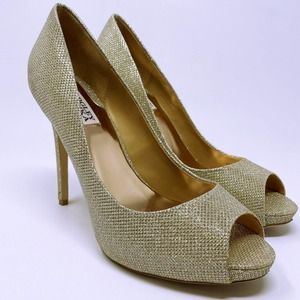 Badgley Mischka Humbie Pumps Size 9 Womens Gold Metallic Peep Toe Platform
